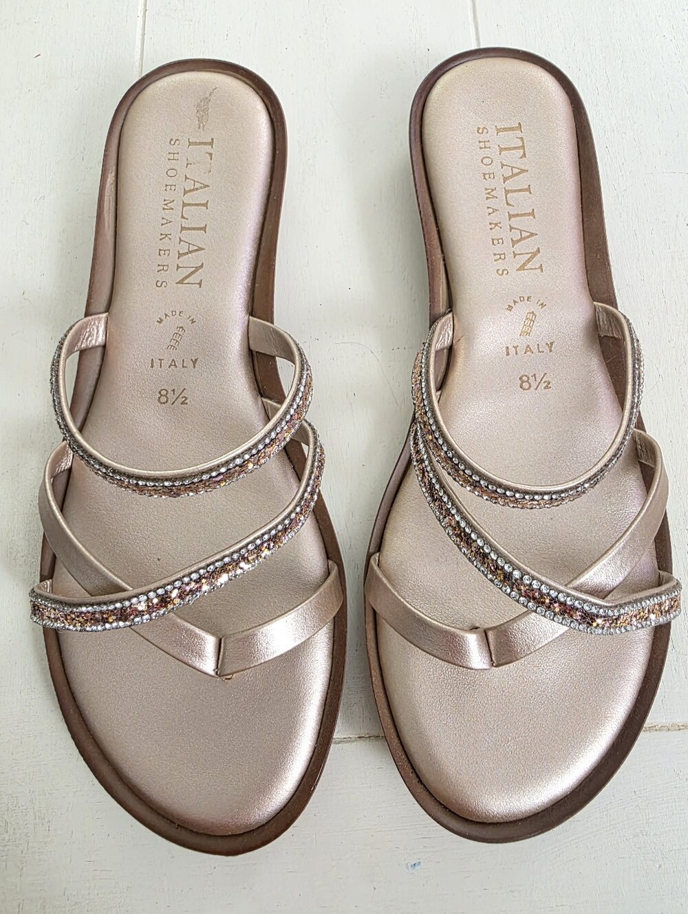 Italian Shoemakers Women's Rose Gold Crystal Strappy Slide Sandals Size 8.5